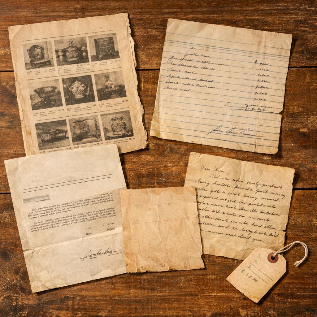 Collection of provenance documents: aged auction catalog page, handwritten bill of sale, insurance appraisal, and family letter describing an antique purchase