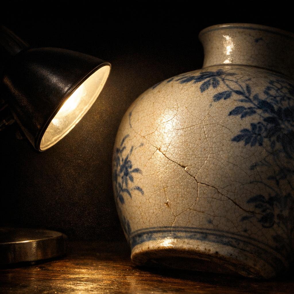 Raking light technique demonstration: a desk lamp positioned at a low angle casts directional light across a porcelain vase, revealing surface texture and hairline cracks in the glaze