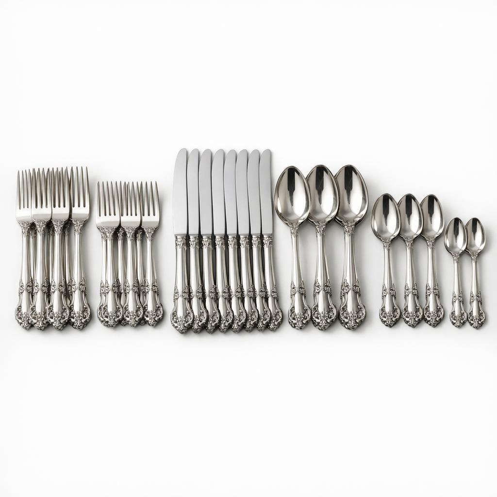 A set of silverware pieces grouped together on a neutral backdrop for estate documentation showing completeness