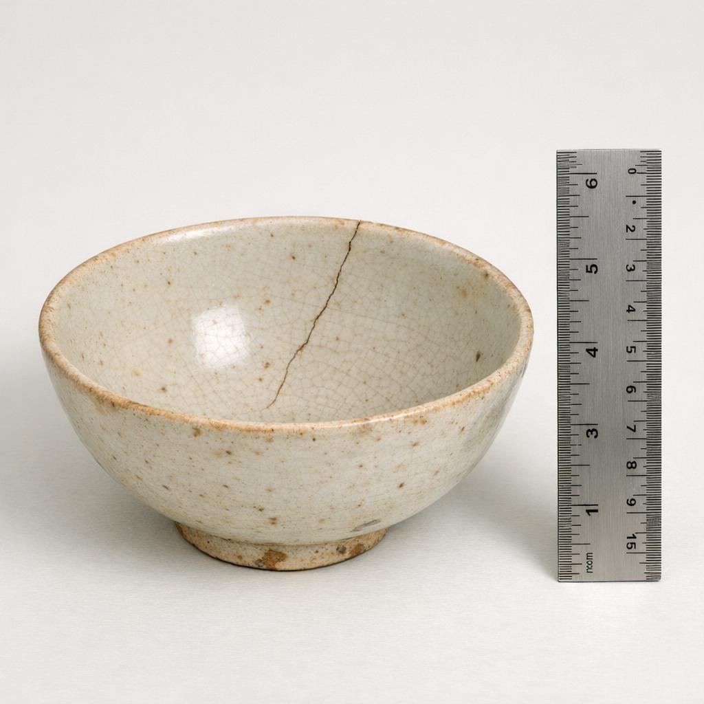 A crack in a ceramic piece photographed with a ruler beside it for scale, showing proper condition documentation technique