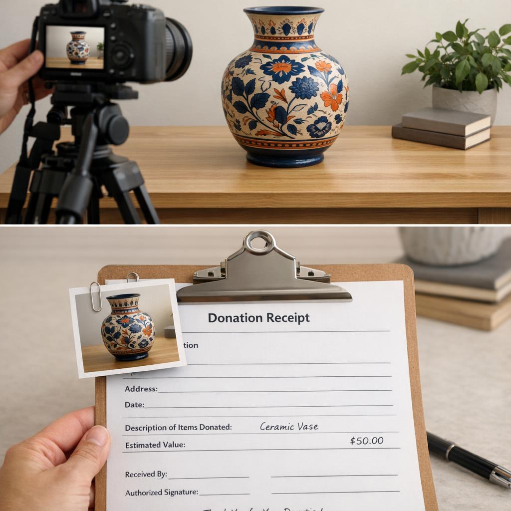 Before and after donation documentation showing an item photographed before donation alongside a charity receipt with photo reference