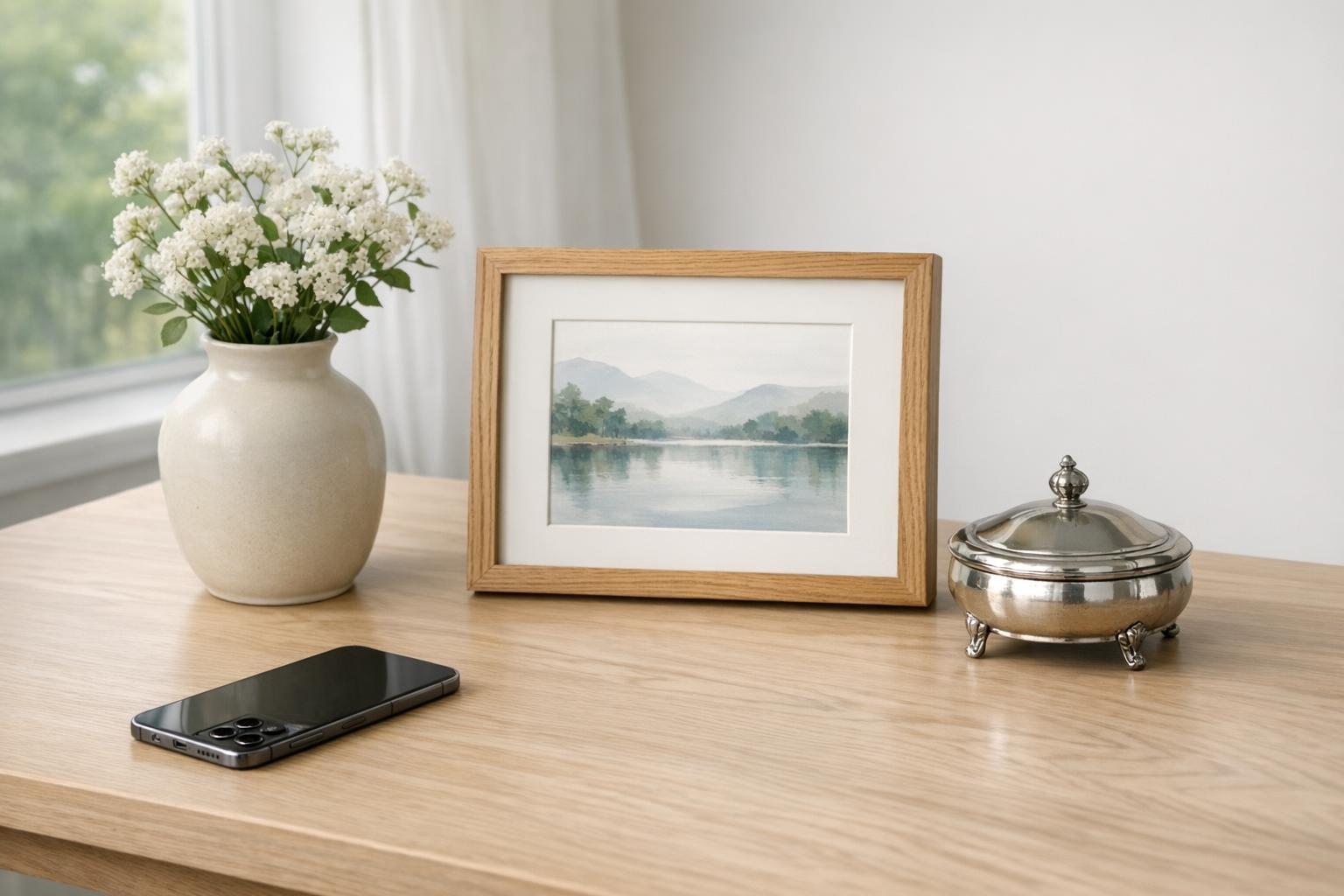 Estate Cleanout Photo Guide Before You Sell Donate or Throw It Away example: A well-lit room with household items arranged on a neutral table for estate documentation photography, including a ceramic vase, framed artwork, and silver piece with natural window light