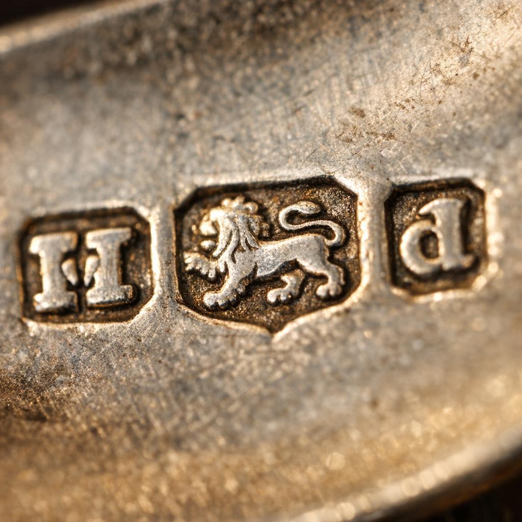 Macro close-up of a stamped hallmark on a silver piece showing crisp letter and symbol detail for identification