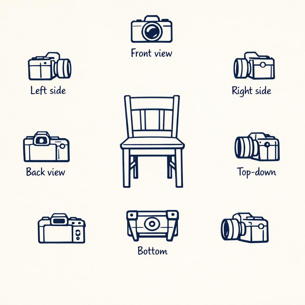 Diagram showing six camera positions around a furniture piece — front, back, left, right, top, and bottom — for complete estate documentation