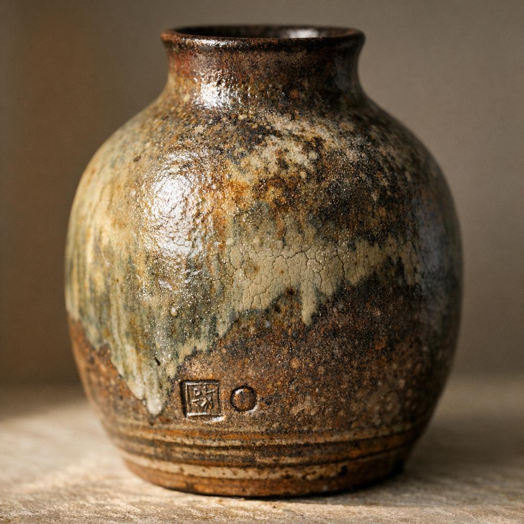 A ceramic vase photographed with side raking light revealing surface texture and maker marks not visible under direct flash