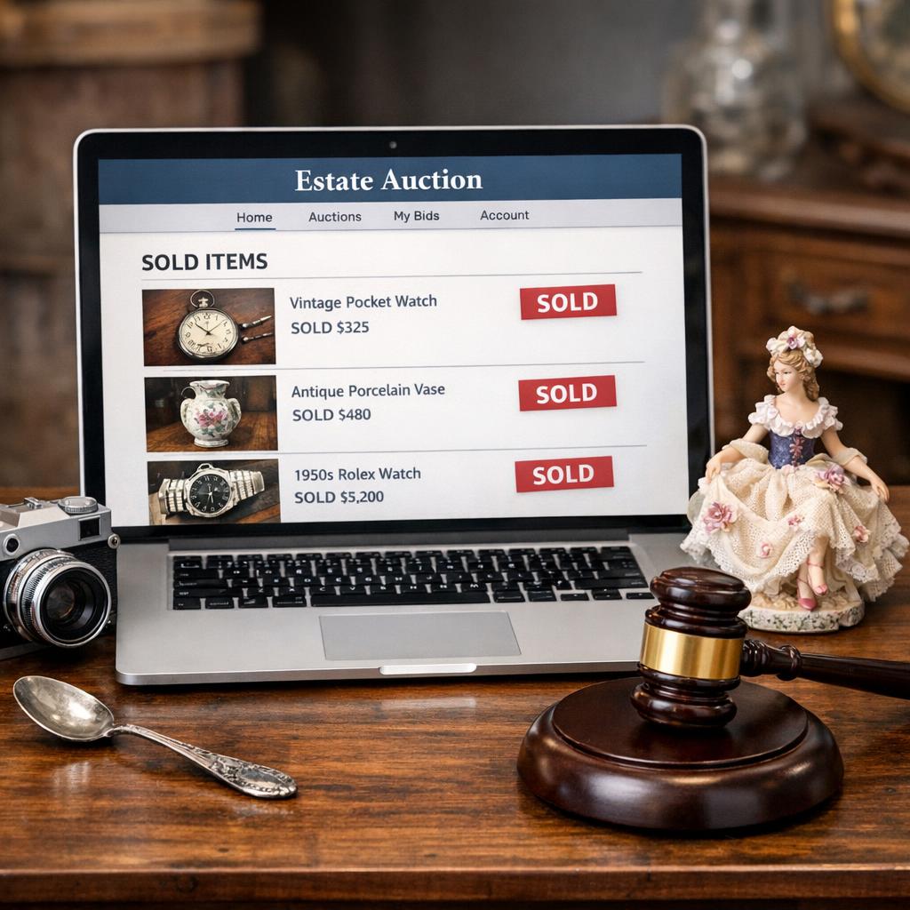 Laptop showing online auction listing with sold items, gavel on wooden desk, small antiques arranged nearby — silver spoon, vintage camera, porcelain figurine