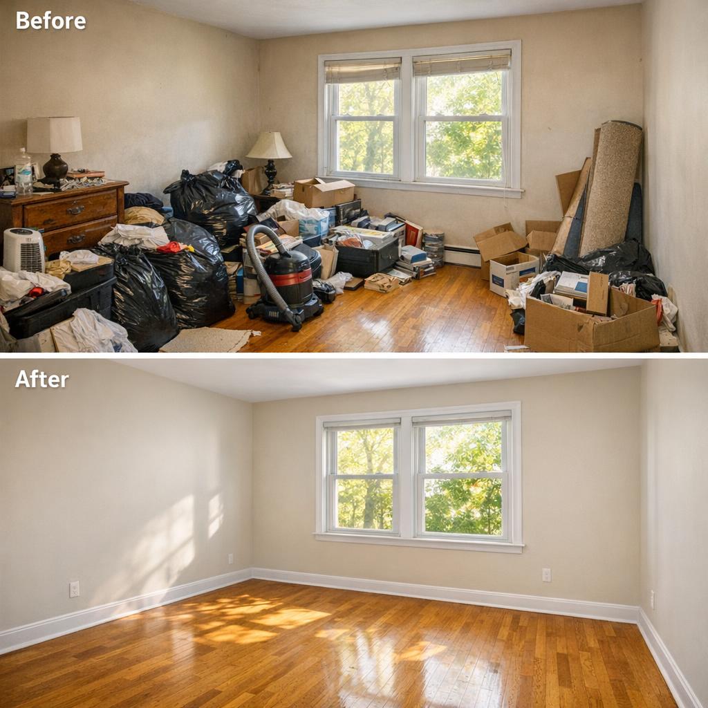 Completed estate cleanout showing a clean empty room with freshly painted walls and sunlight streaming through windows