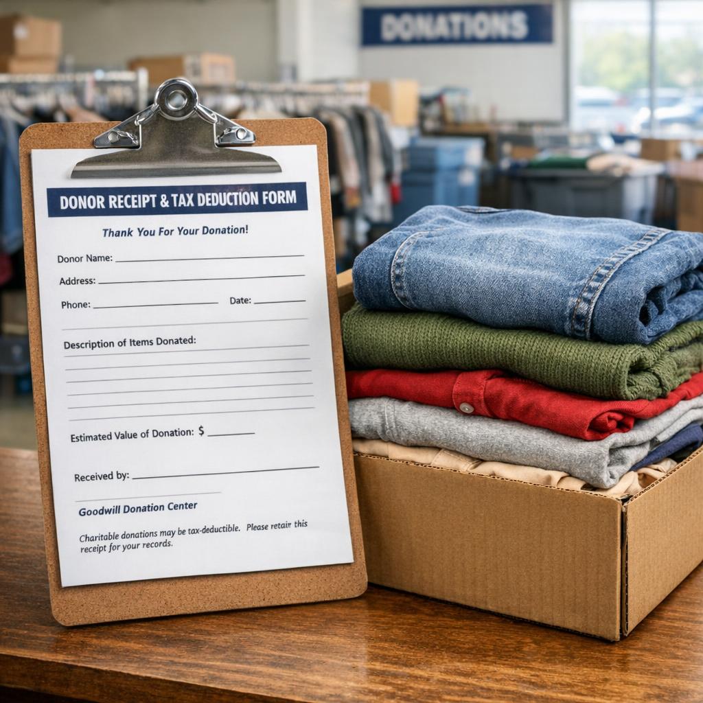 Donation receipt and tax deduction form on clipboard next to cardboard box of donated clothing at charity donation center
