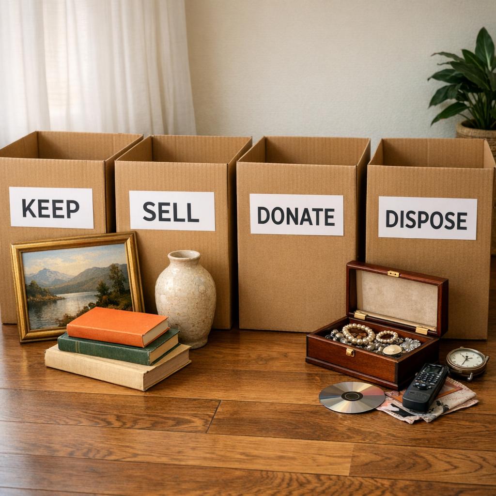 Four labeled cardboard boxes — KEEP, SELL, DONATE, DISPOSE — with household items nearby including framed painting, books, ceramic vase, and jewelry box
