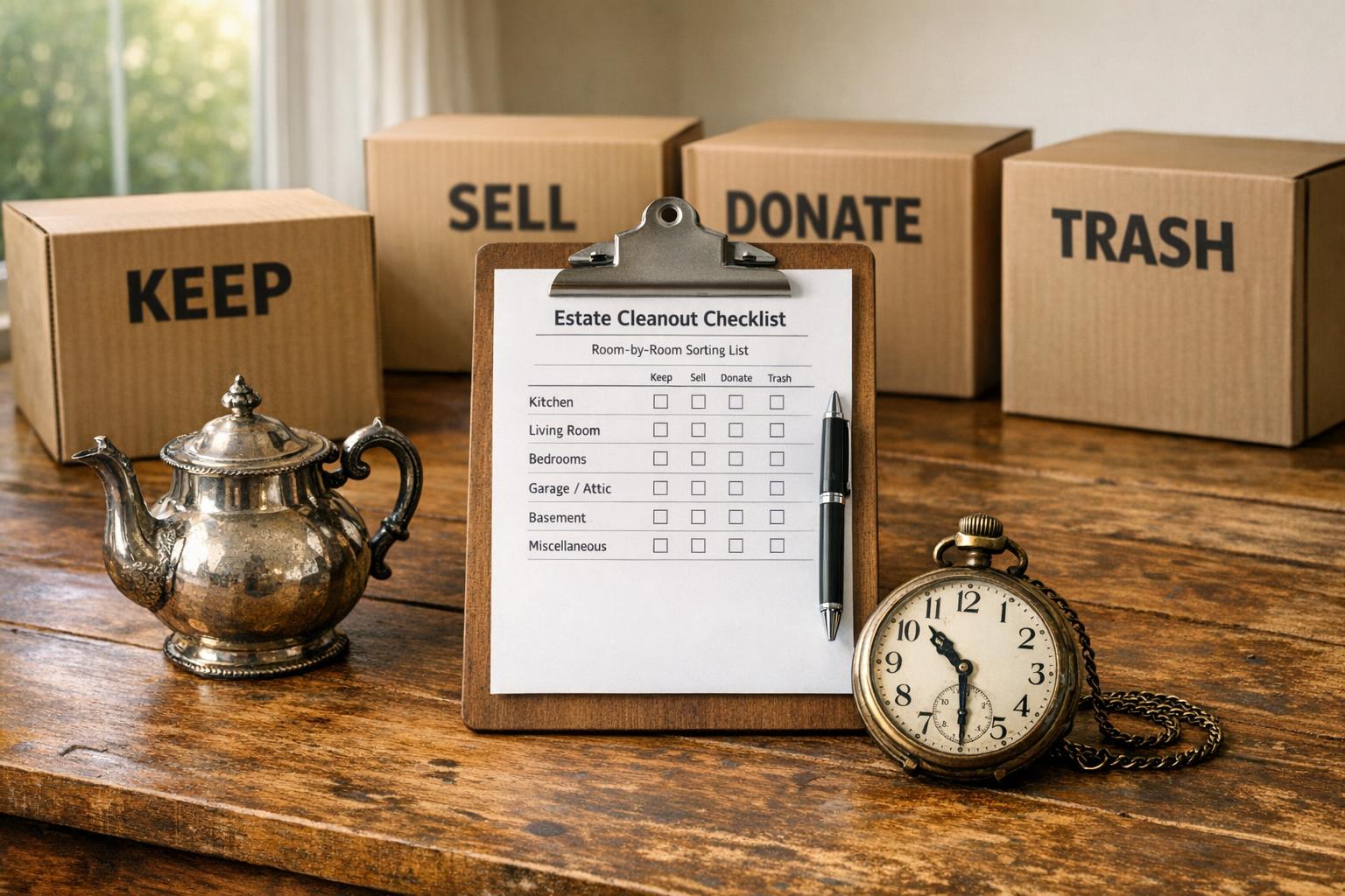 Estate Cleanout Template Before You Sell Donate or Throw It Away example: Estate cleanout workspace with clipboard checklist, labeled boxes for keep sell donate toss, and antique items waiting to be sorted on a wooden table