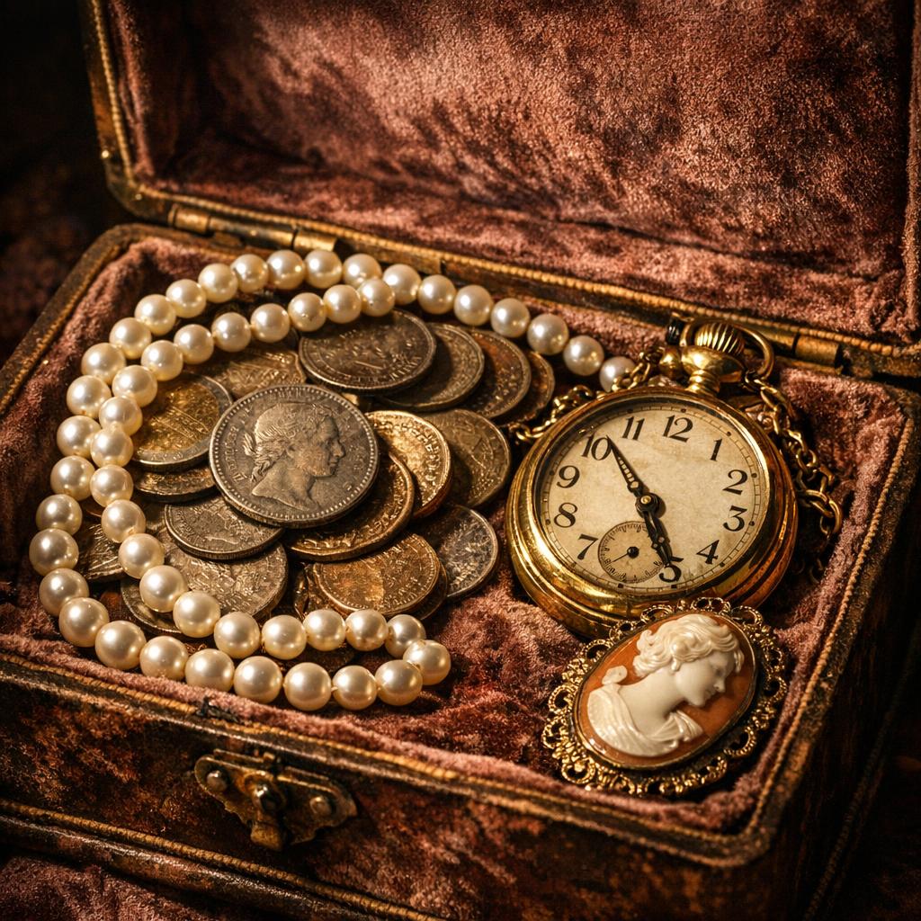 Vintage jewelry box opened to reveal old coins, pearl necklace, gold pocket watch, and cameo brooch in soft velvet interior