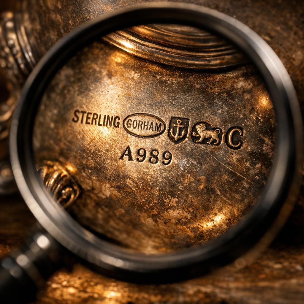 Magnifying glass examining silver hallmark stamp on bottom of antique teapot, warm raking light revealing maker's marks