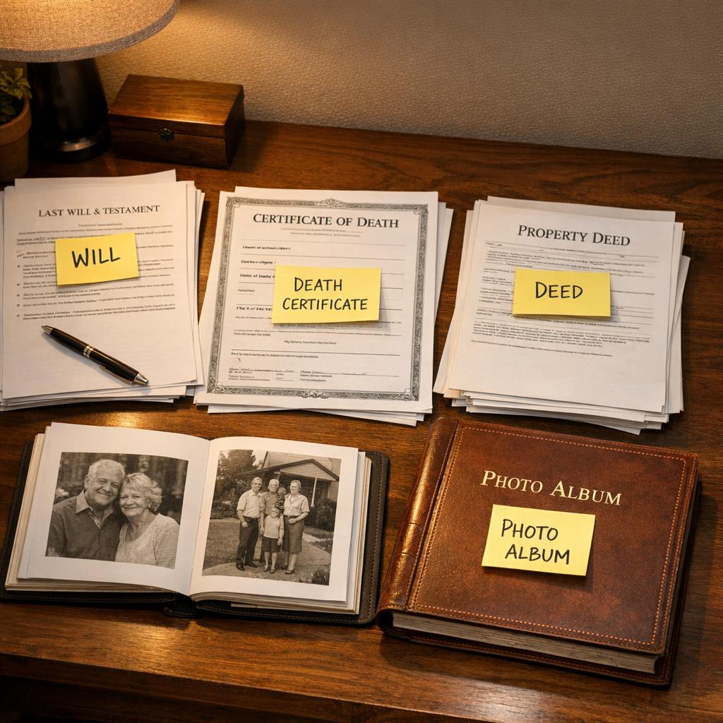 Important estate documents spread across a desk — will, death certificate, property deed, insurance policies, photo album — organized with sticky notes