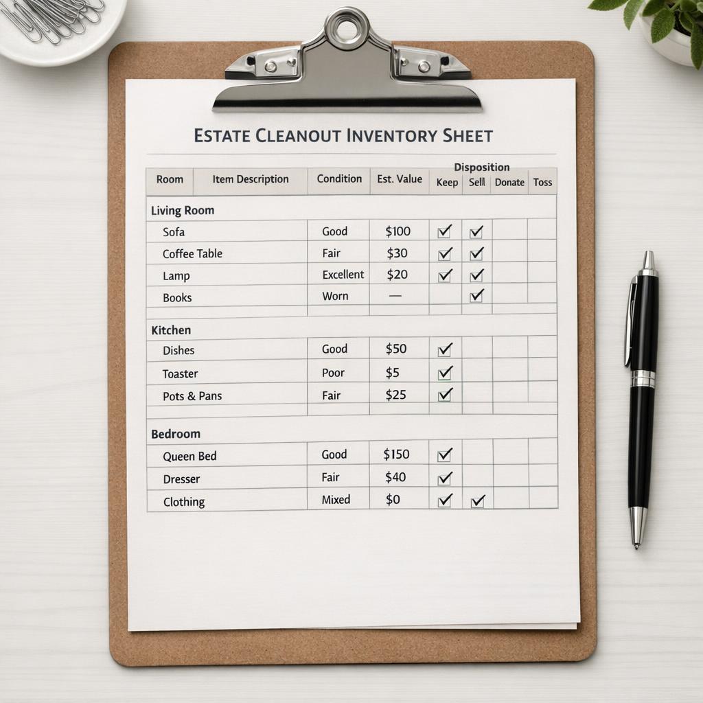 Detailed room-by-room estate cleanout inventory sheet on clipboard with pen on clean desk, overhead flat lay style