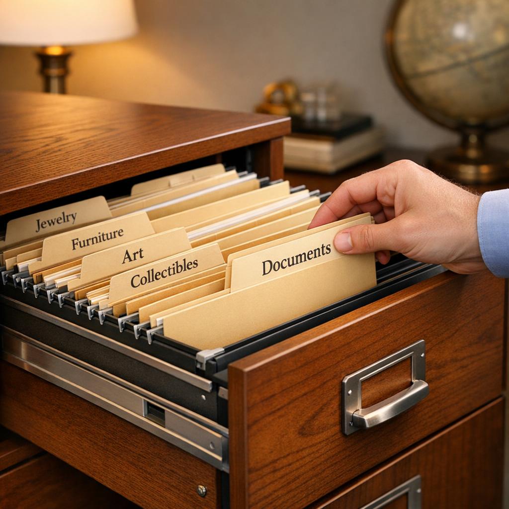 Organized filing cabinet with labeled manila folders for Jewelry, Furniture, Art, Collectibles, and Documents with a hand placing a folder into the correct drawer