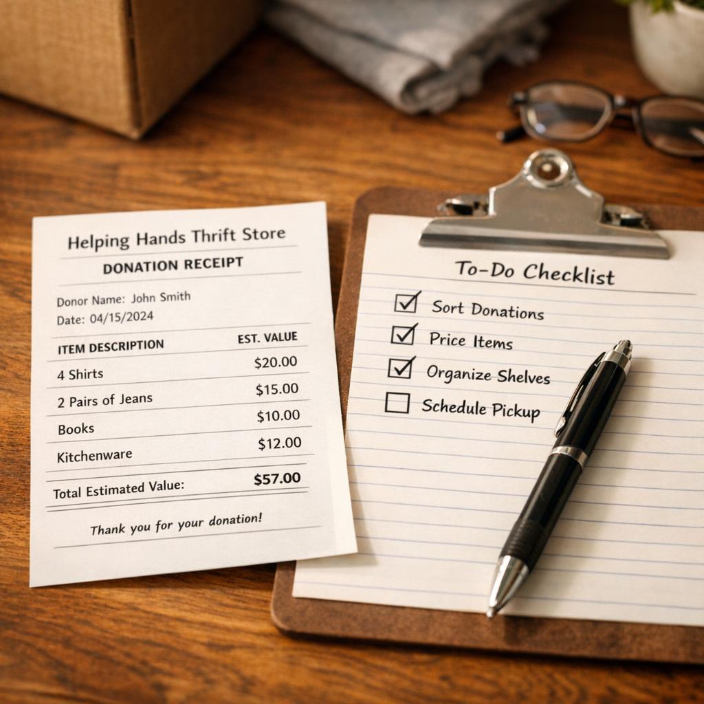 Charity donation receipt with item descriptions and estimated values placed next to a clipboard with an estate cleanout checklist and pen
