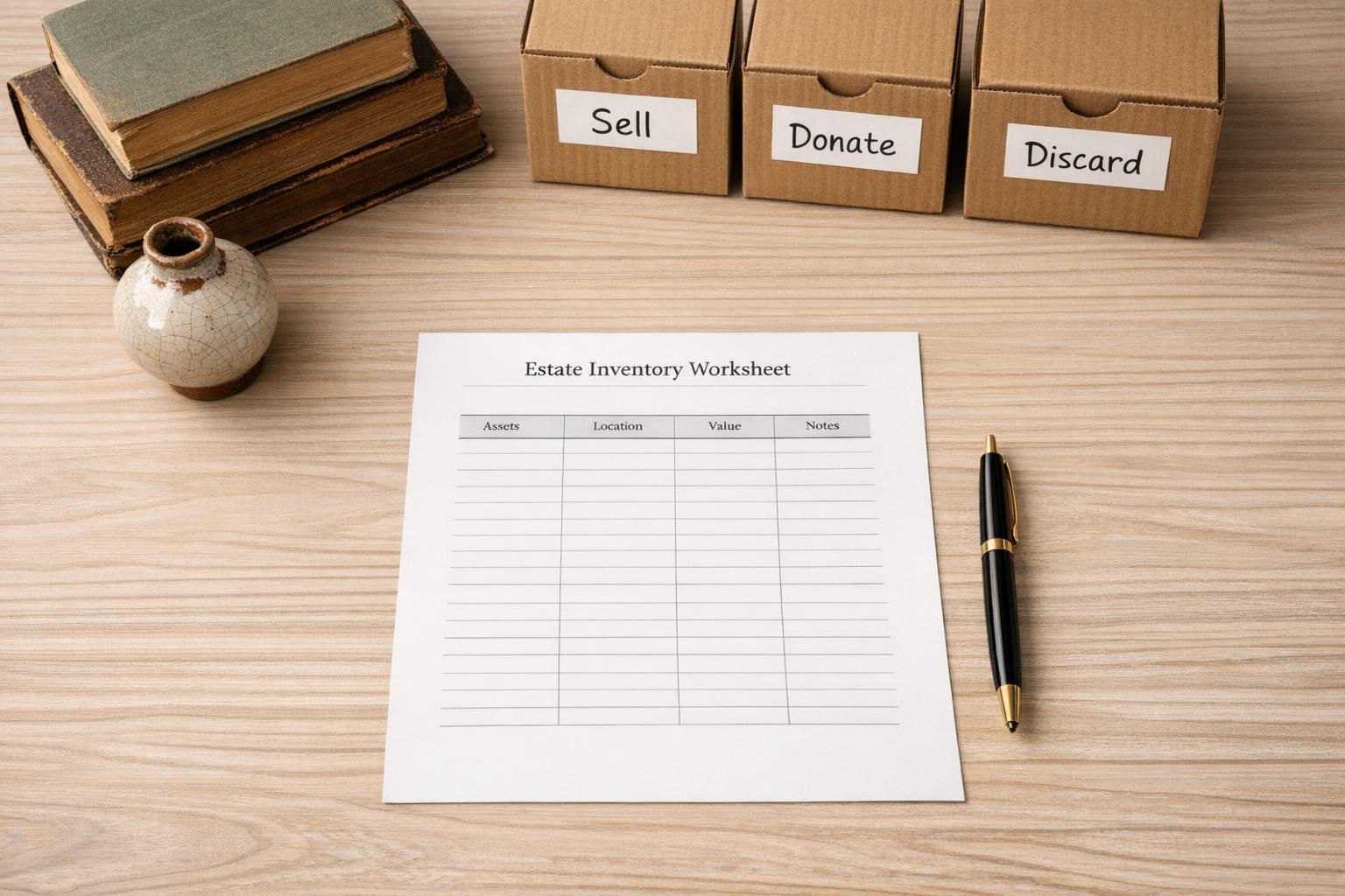 Estate Cleanout Worksheet Before You Sell Donate or Throw It Away example: Organized desk with estate inventory worksheet, pen, vintage items, and labeled boxes for sell, donate, and discard categories