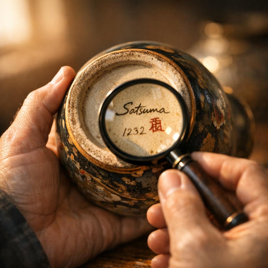 Person examining the base of a vintage ceramic vase with a magnifying glass to identify maker's marks and signatures in warm raking light
