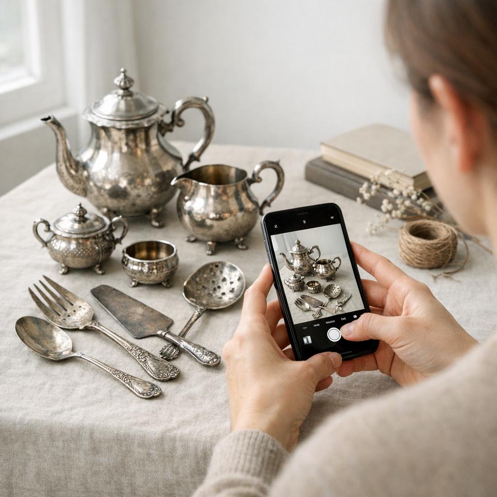 Person photographing antique silverware on a neutral backdrop with a smartphone for an online auction listing with natural window light