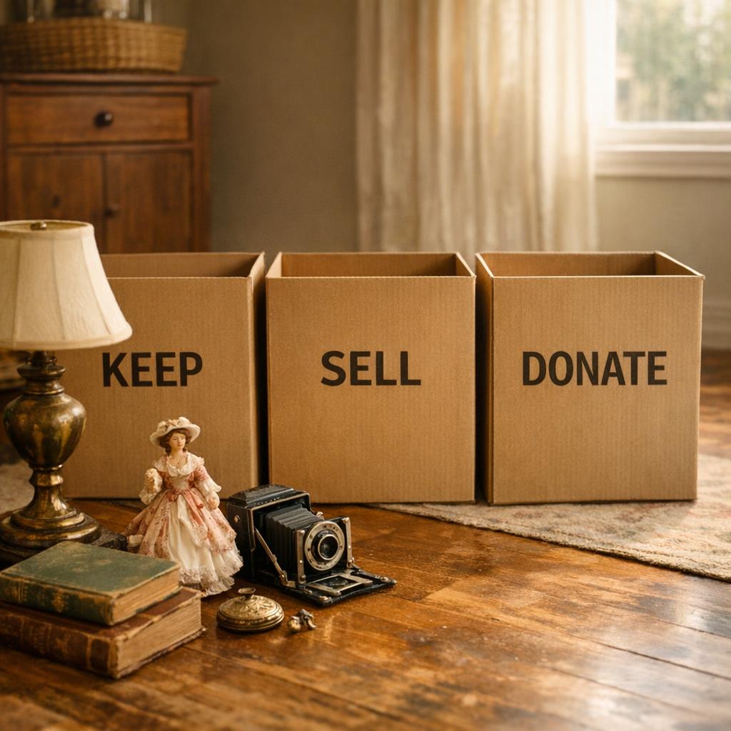 Three labeled cardboard boxes reading Keep, Sell, and Donate with vintage collectibles nearby including a brass lamp and porcelain figurine
