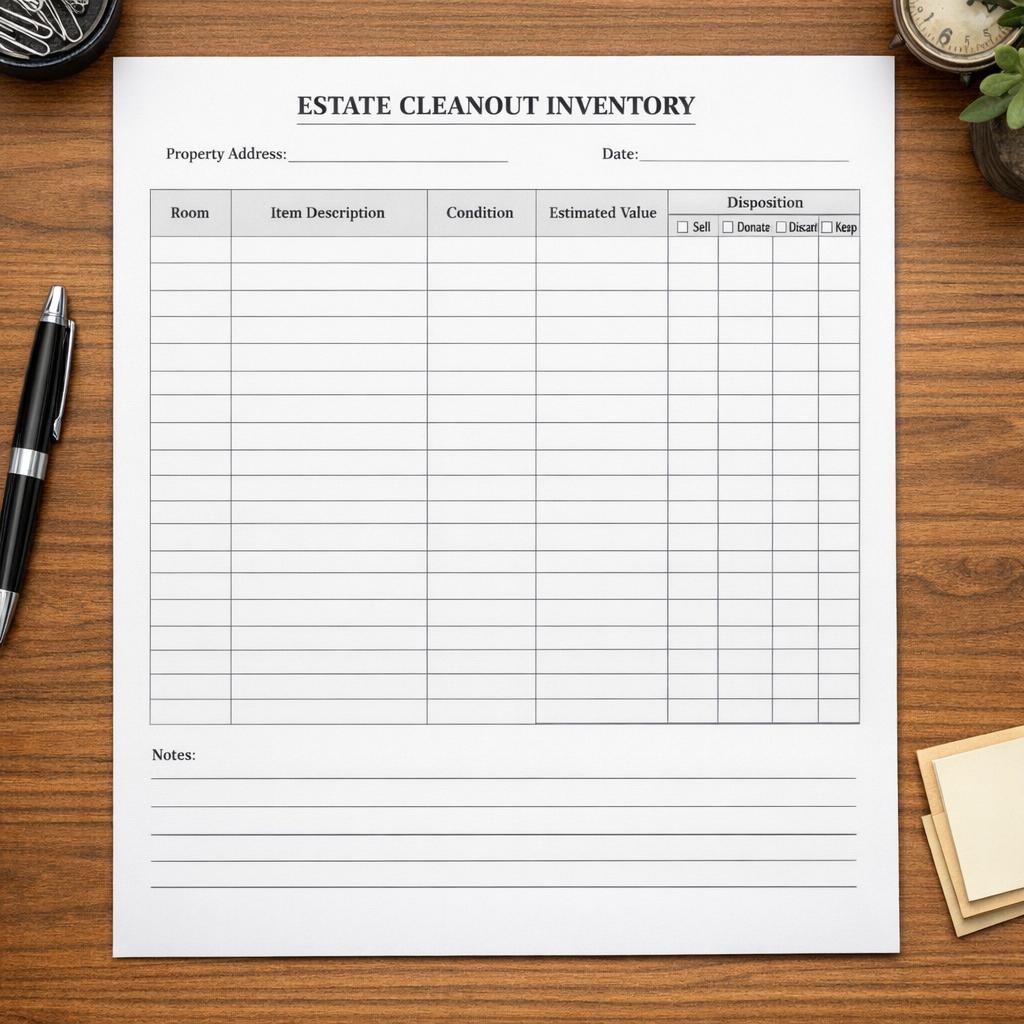 Printable estate cleanout worksheet template with columns for item description, condition, maker's marks, estimated value, and disposition category