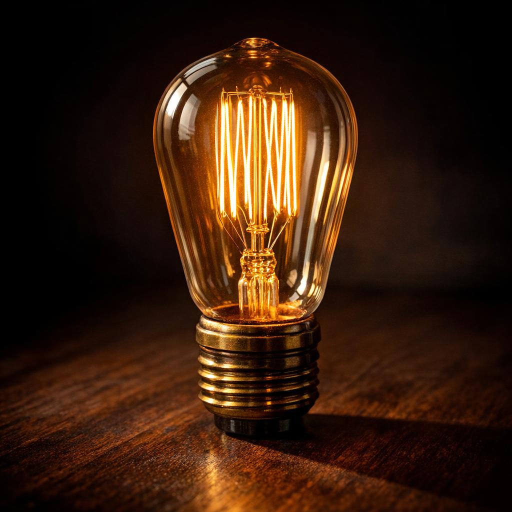 Vintage Edison carbon-filament light bulb with glowing squirrel-cage filament