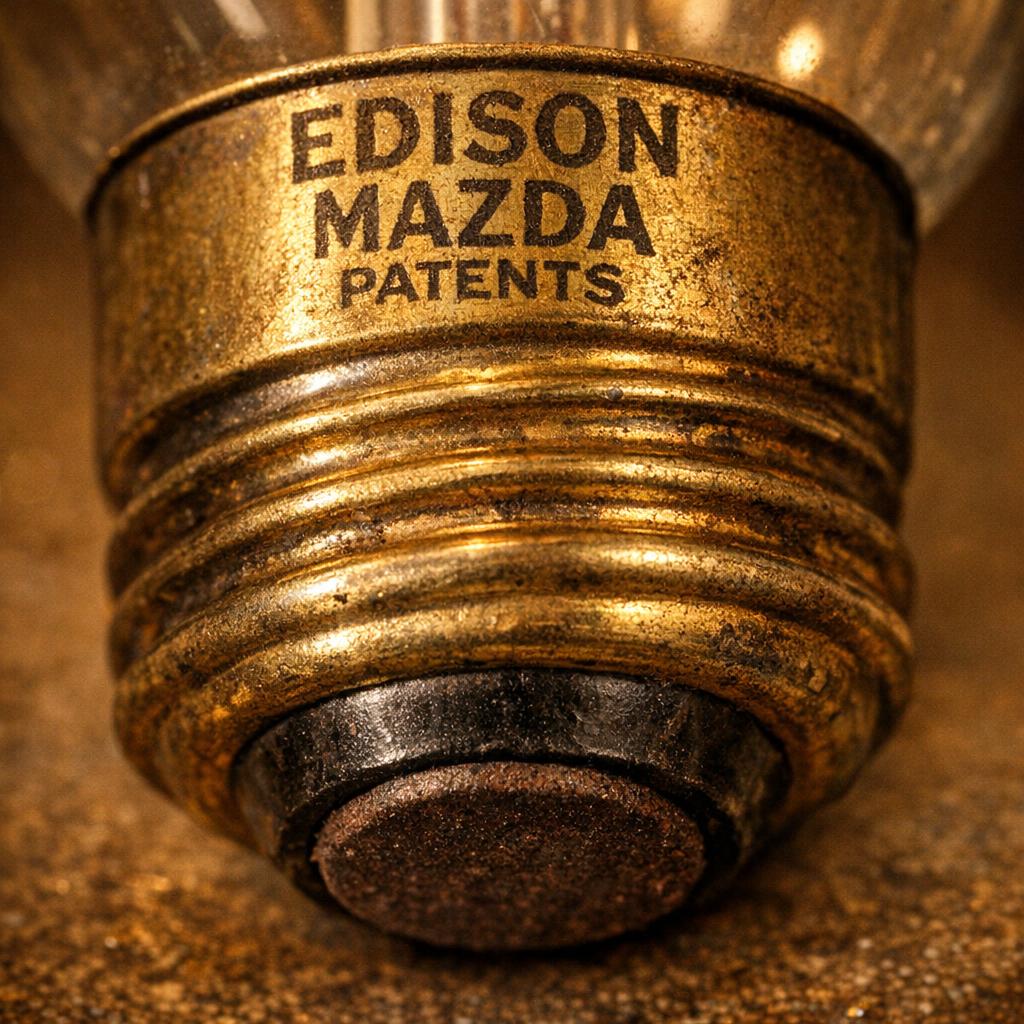 Close-up of a vintage brass Edison E26 screw base showing the threaded metal shell, fiber insulating button at the tip, and acid-etched maker markings