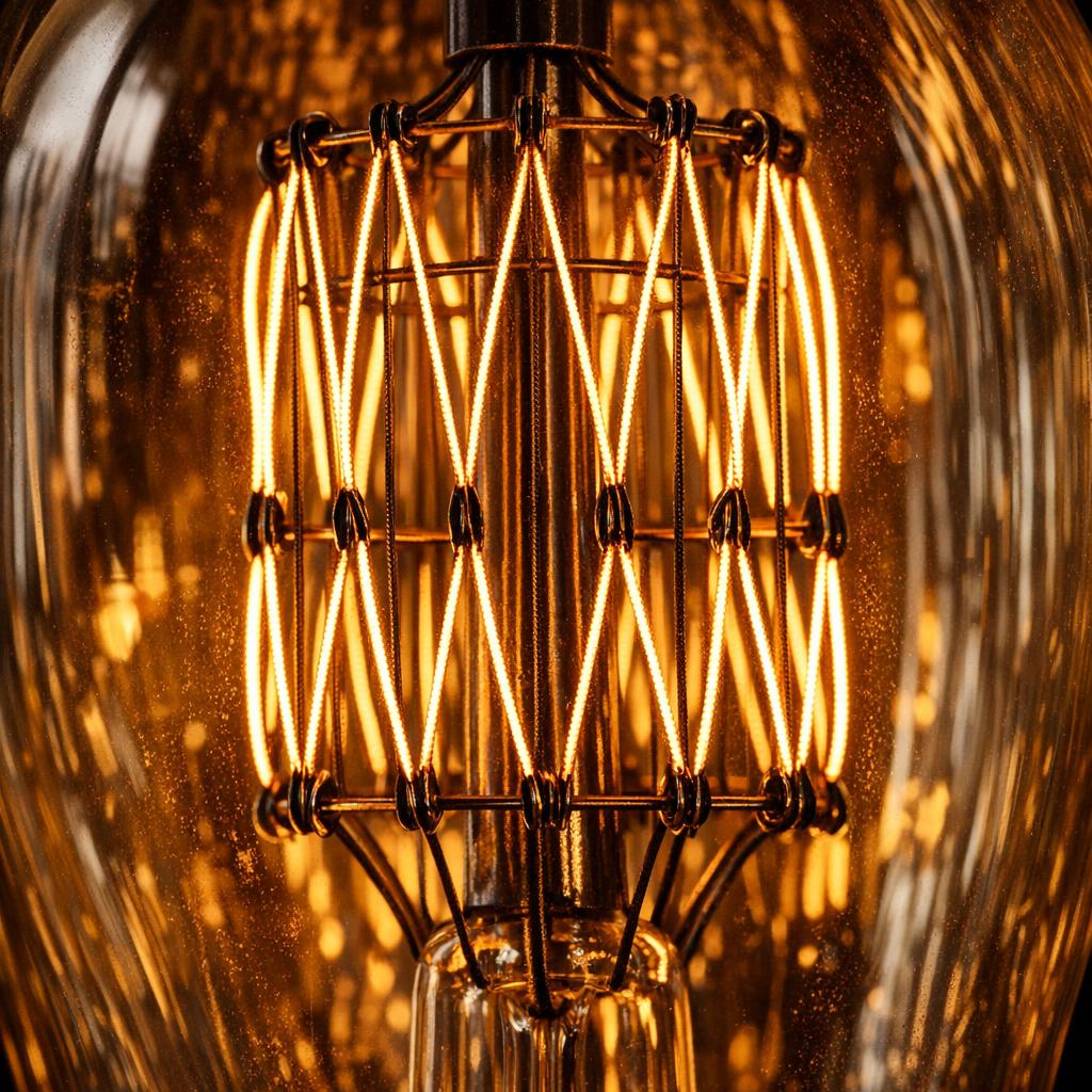 Close-up of a vintage carbon filament showing the classic squirrel cage pattern - multiple vertical black wire loops forming a cage around a support ring