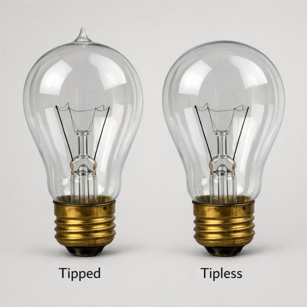 Comparison of tipped and tipless vintage light bulb glass envelopes - left shows a small exhaust nipple at the crown, right shows a smooth sealed crown