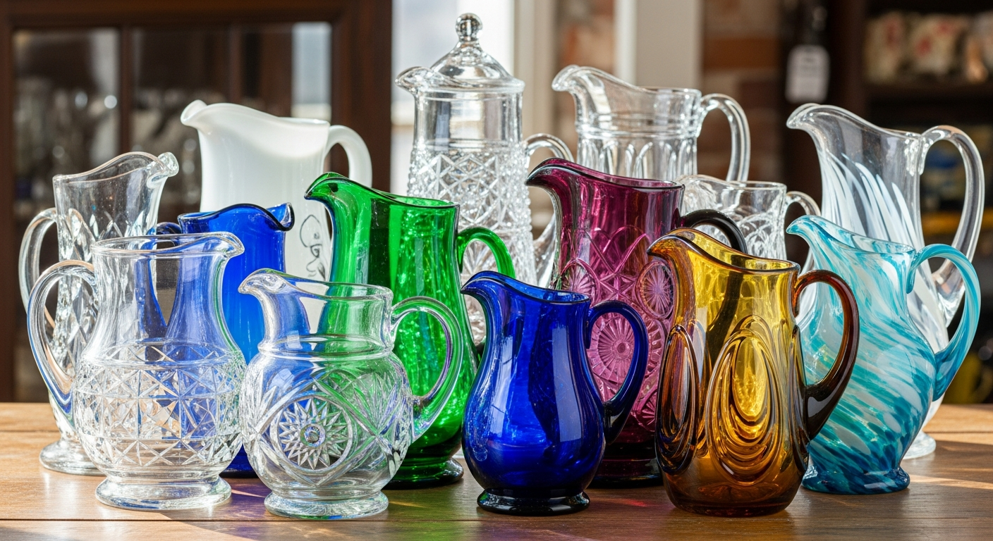 Antique glass pitcher value reference with glass type, maker, pattern, color, mold marks, pontil, rim, handle, damage, and demand