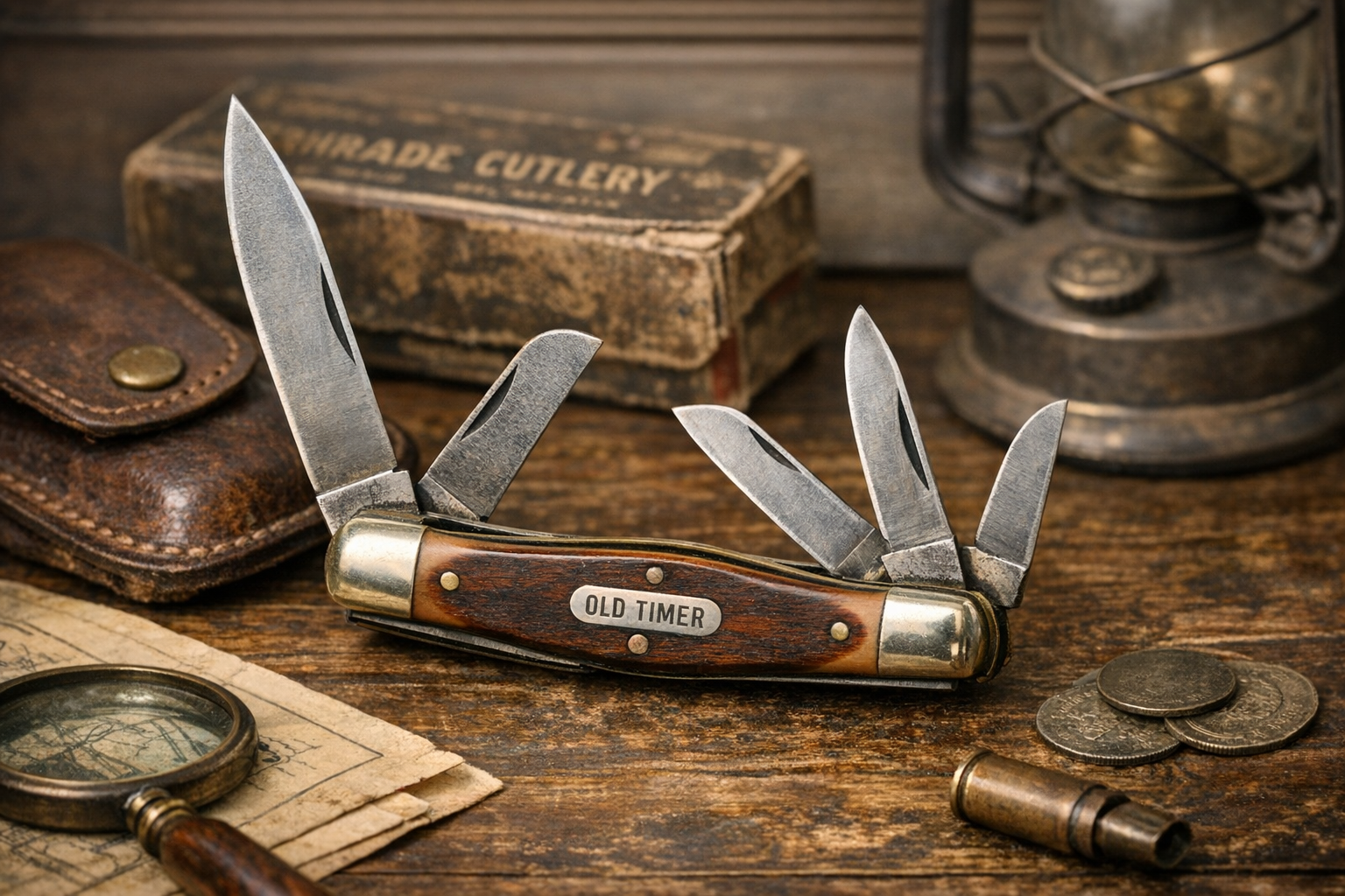 Vintage Old Timer knife value reference with tang stamps, pattern number, handle material, blade condition, shield, box, paperwork, and demand