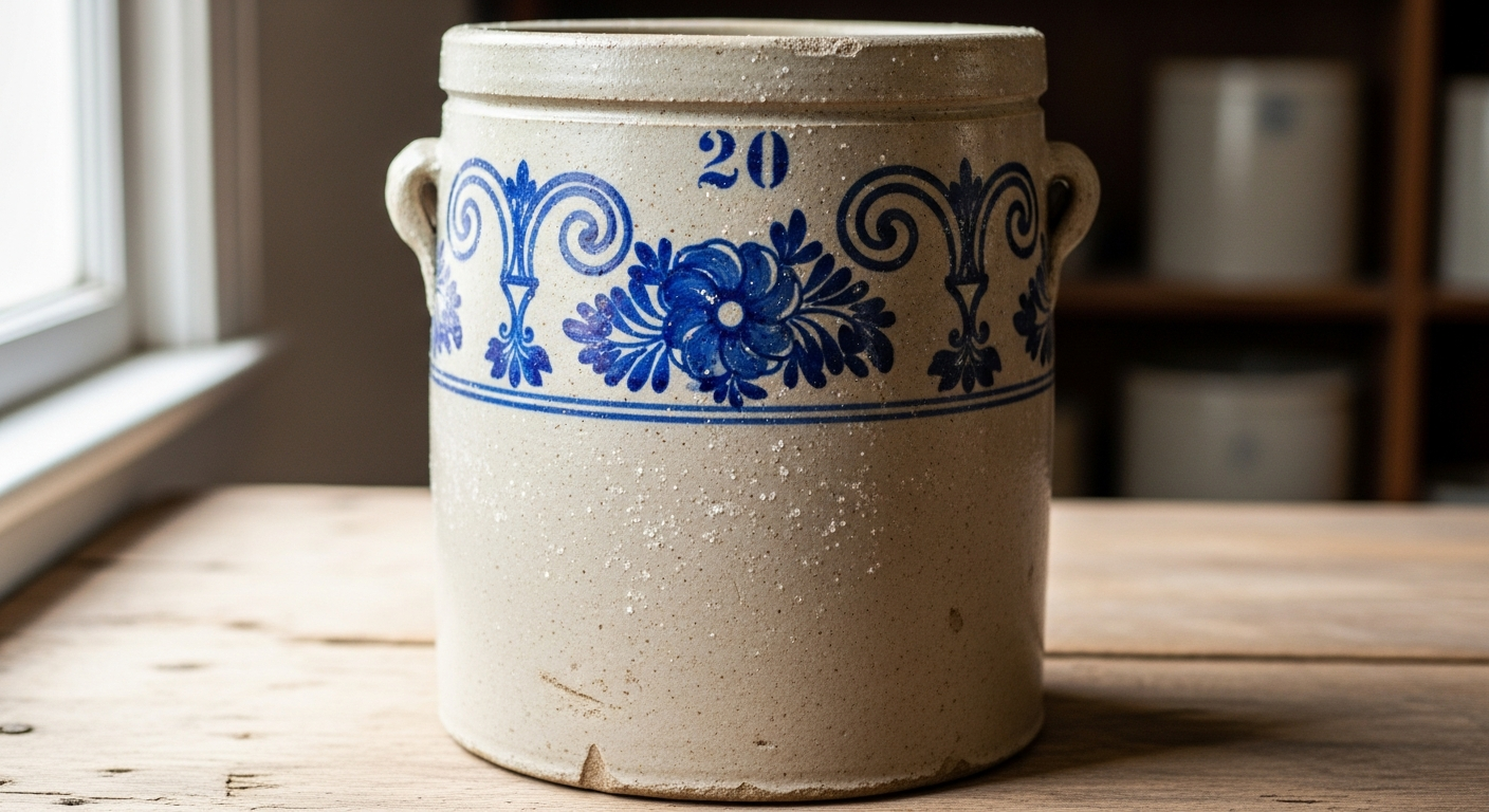 Antique 20 gallon crock value reference with maker mark, capacity, glaze, cobalt decoration, handles, rim, cracks, chips, repairs, and demand
