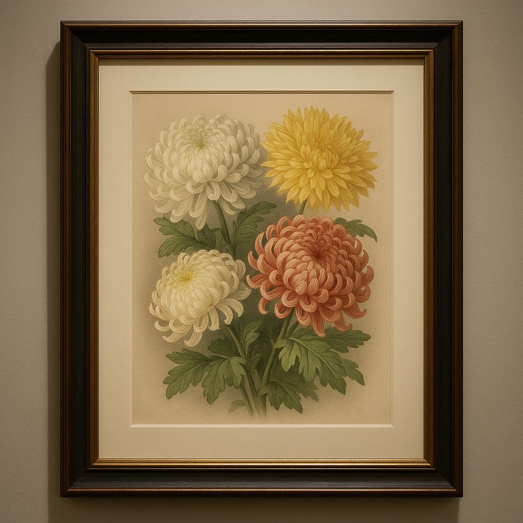 Fantin-Latour Chrysanthemums print reference with image, paper, plate signature, margins, framing, and condition