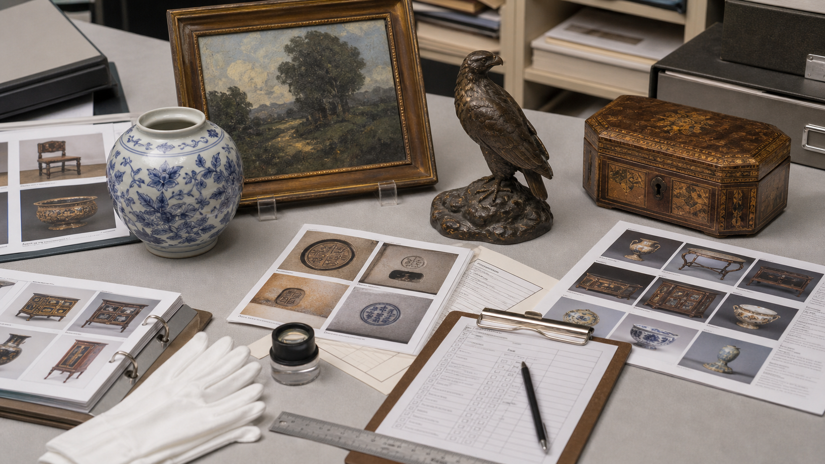 Field appraisal table with antiques, artwork, maker mark cards, condition checklist, provenance notes, ruler, loupe, and comparable sale records
