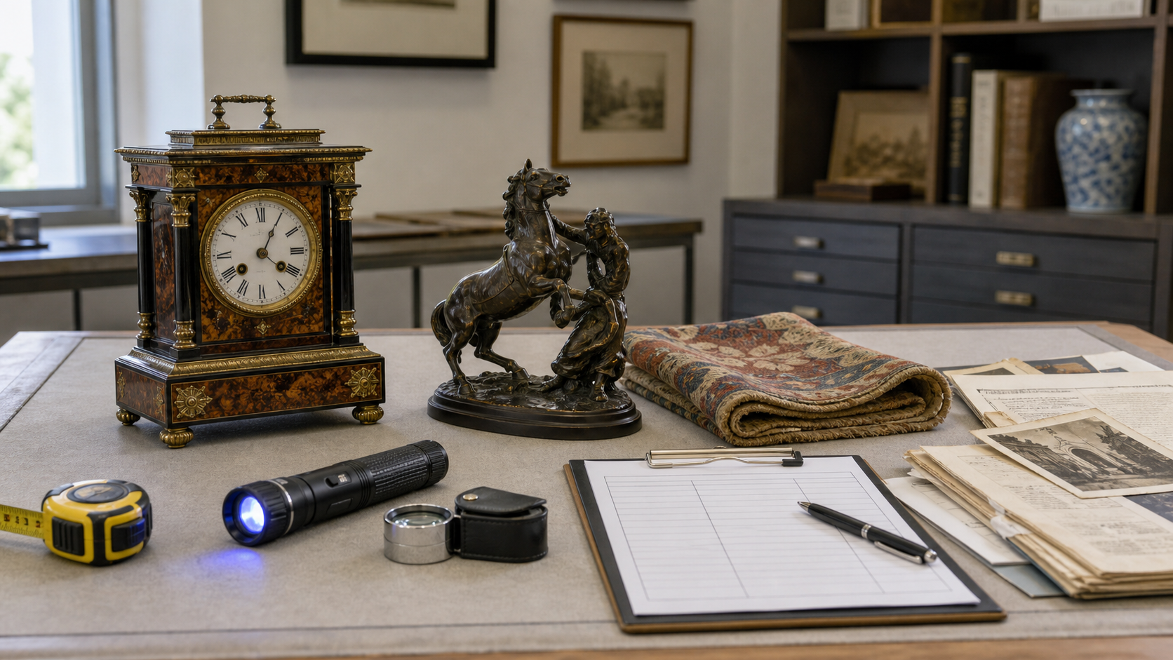Antique and art appraisal checklist with inspection tools, documentation, and comparable sale notes