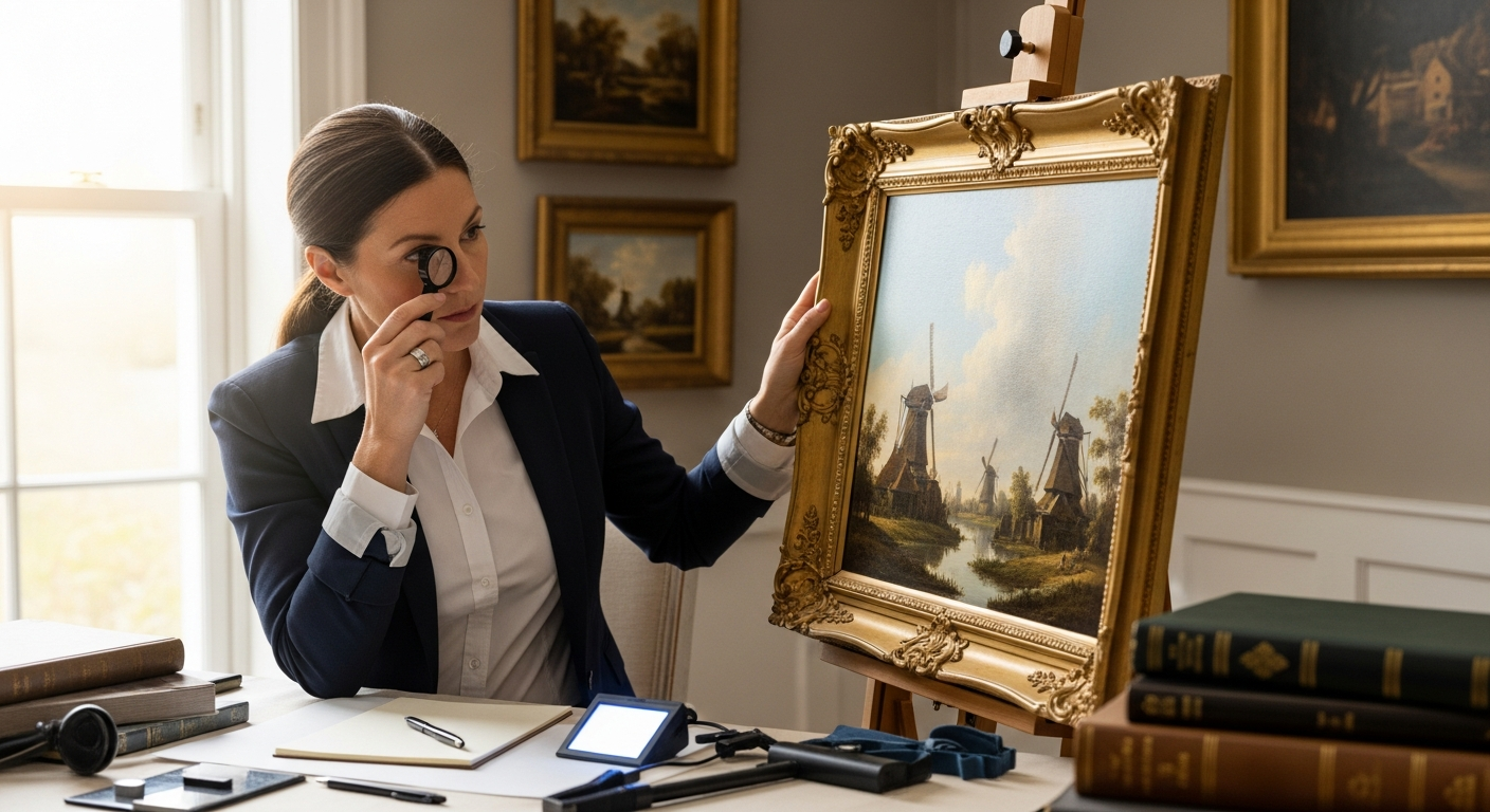 Artwork value reference with artist, medium, size, signature, condition, provenance, labels, frame, documents, and market context