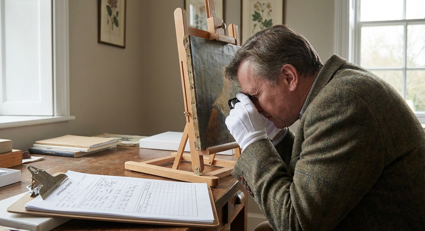 Fine art appraiser reference with credentials, scope, photos, provenance, condition, documents, fees, and deadlines