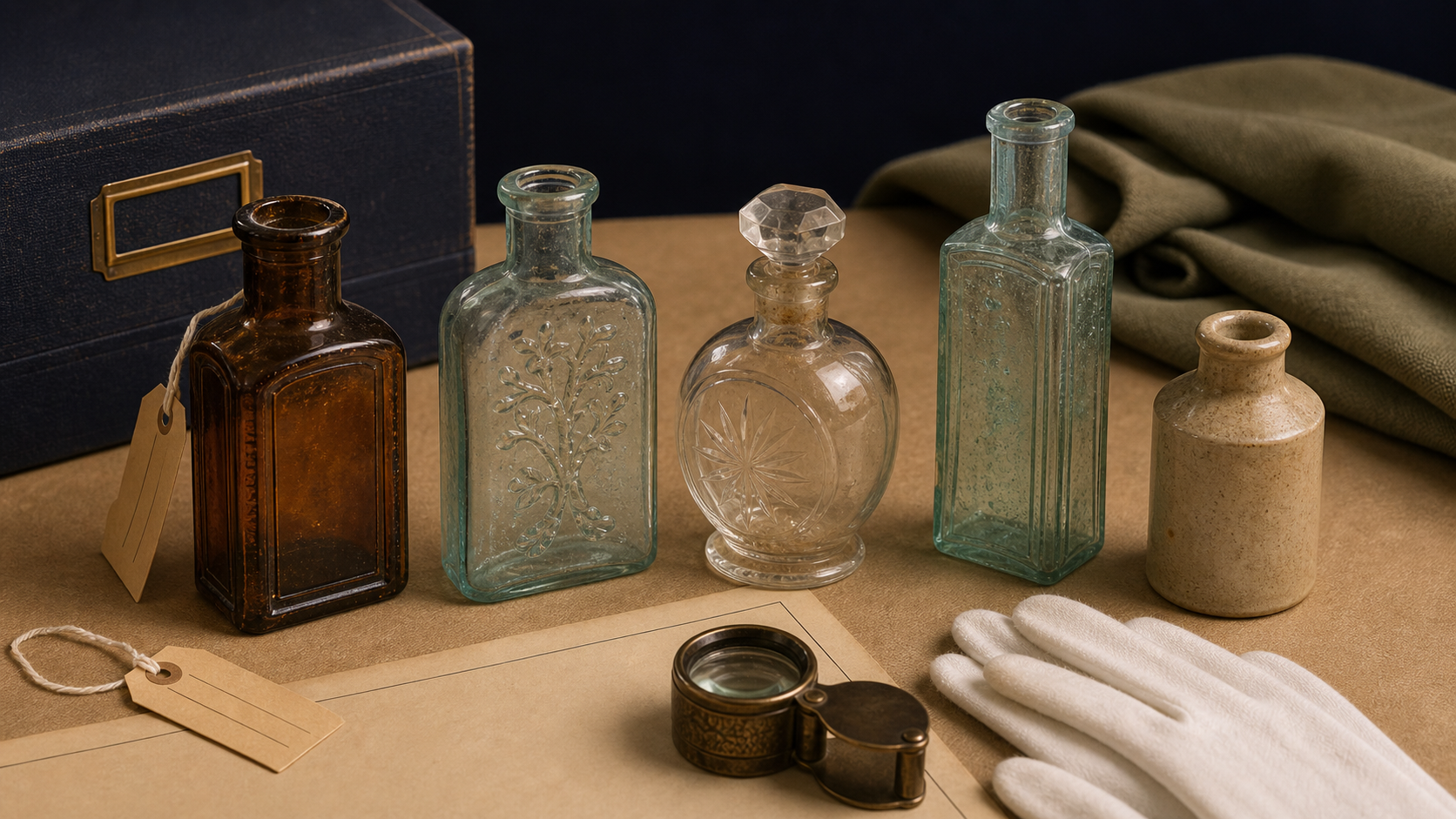 Generated editorial image of antique bottles on an appraisal table