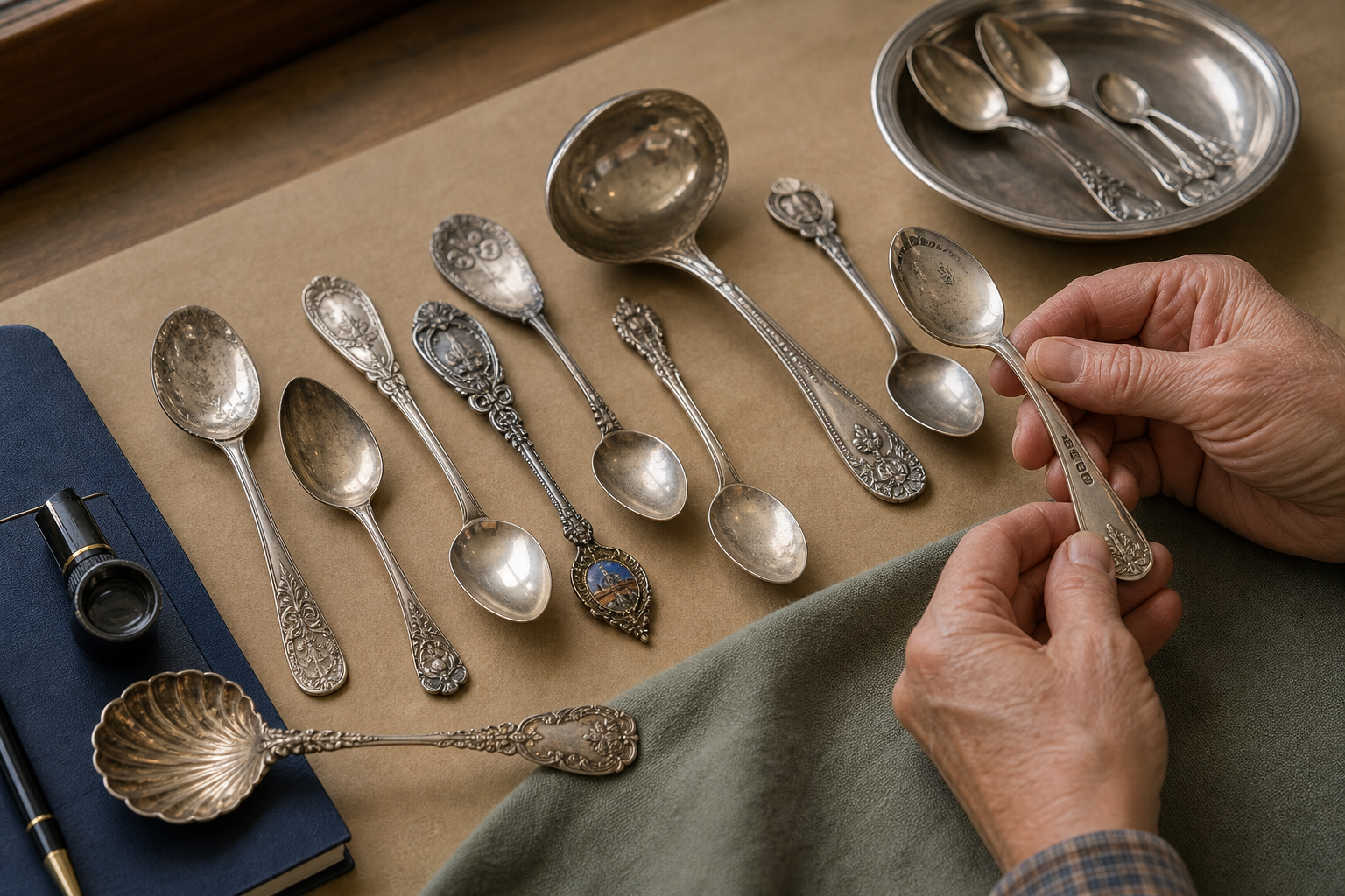 Generated editorial image of antique spoons arranged for appraisal