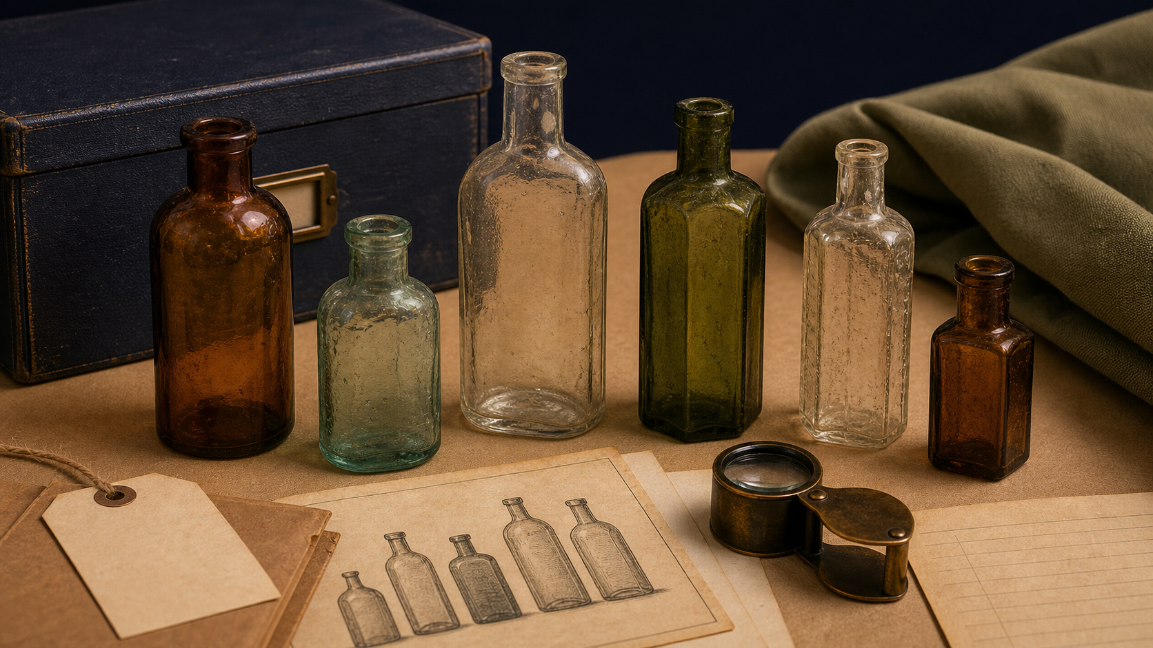 Generated editorial image of old glass bottles on an appraisal table