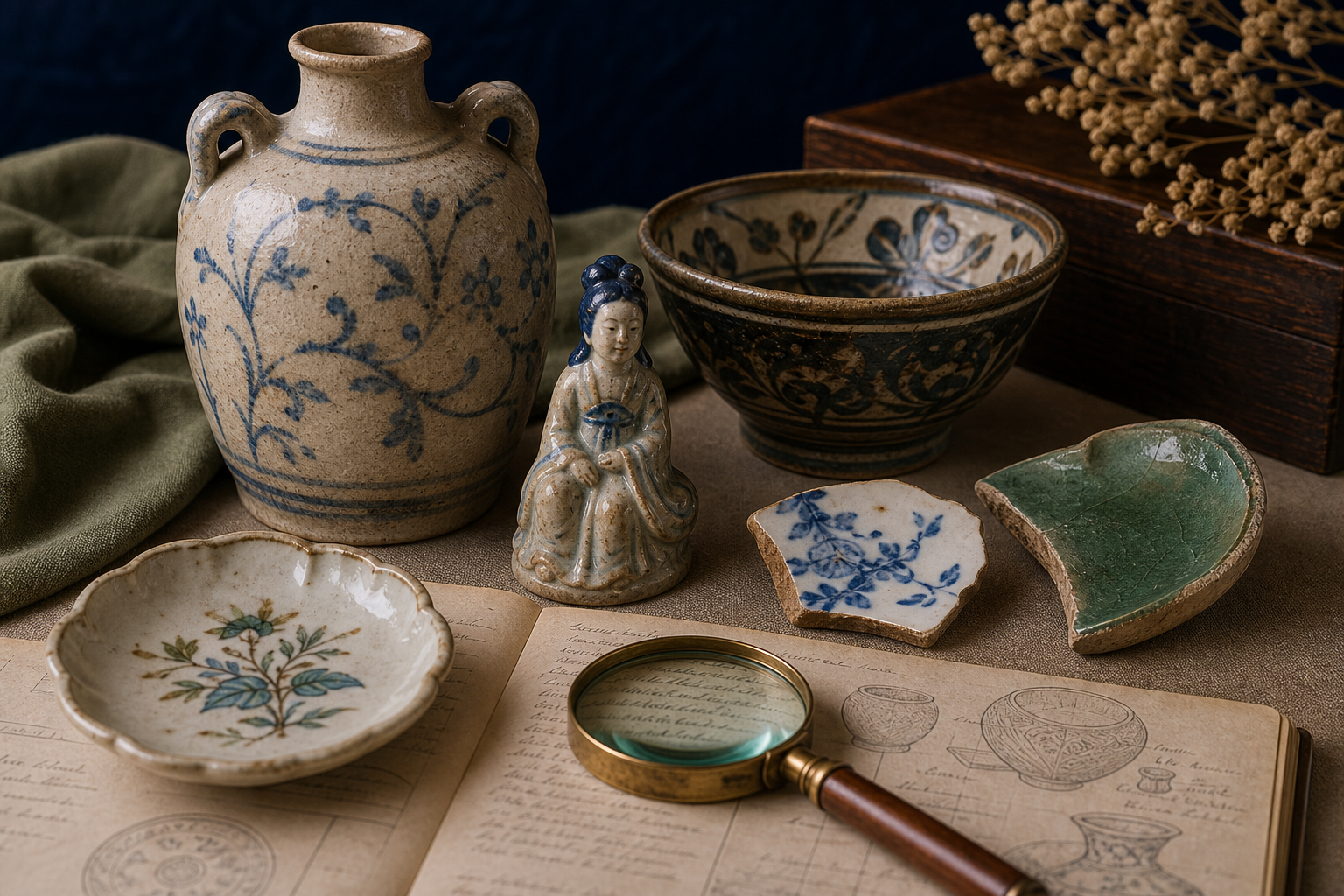 Generated editorial image of mixed ceramic objects on an appraisal table