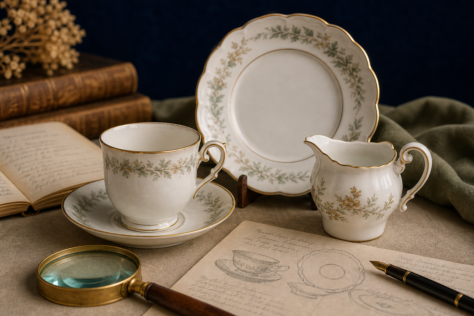 Generated editorial image of china pieces on an appraisal table