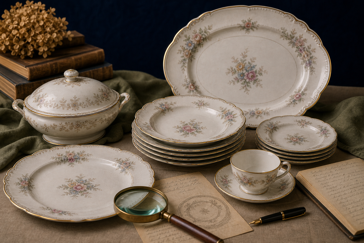Generated editorial image of dinnerware and serving pieces on an appraisal table