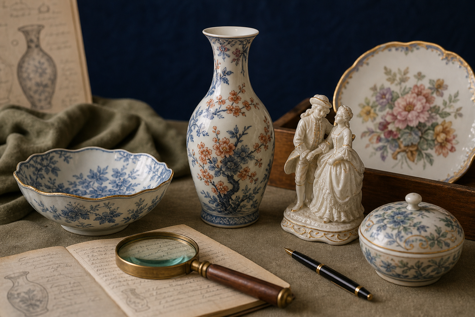 Generated editorial image of porcelain pieces on an appraisal table