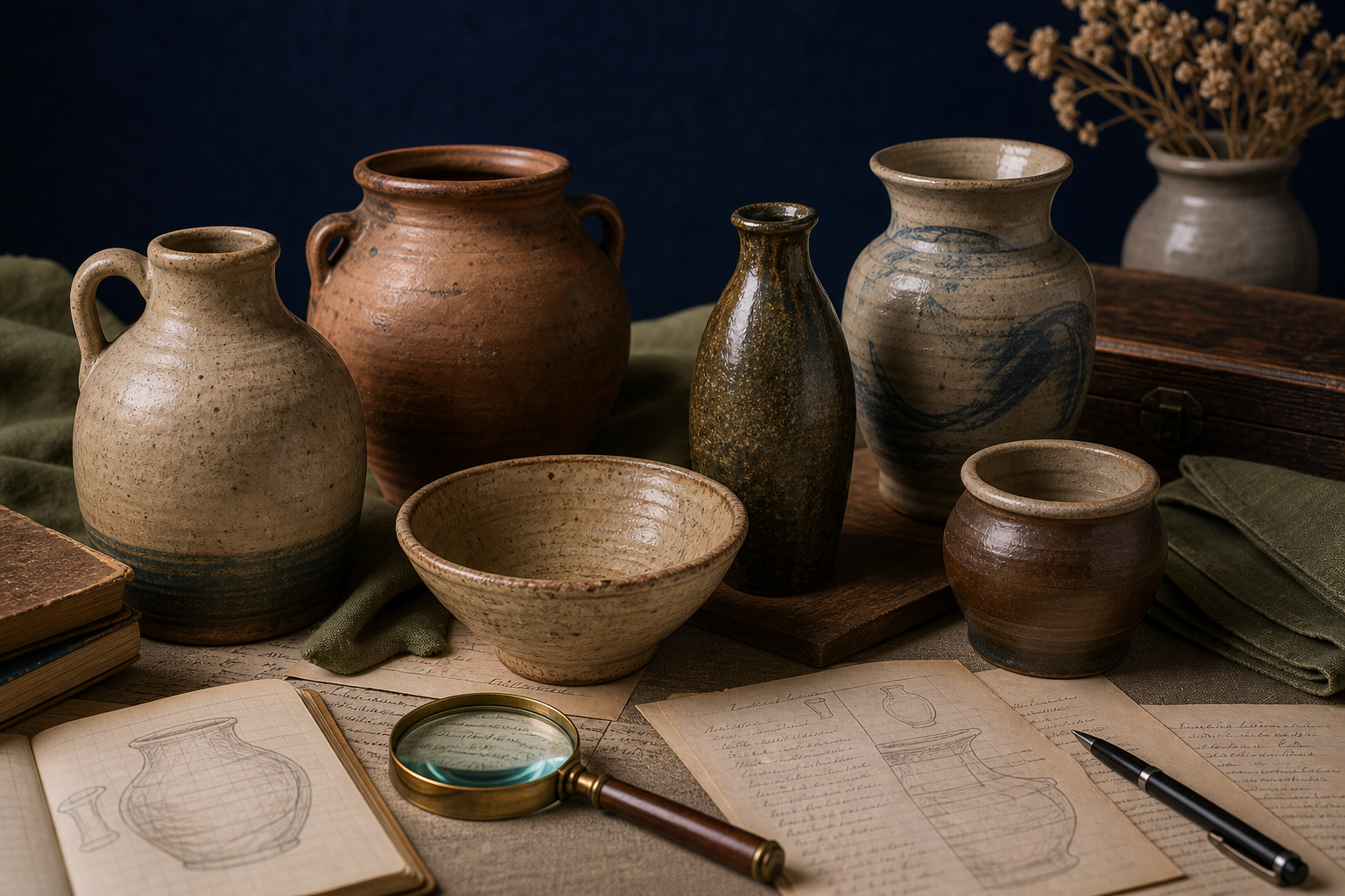 Generated editorial image of pottery vessels on an appraisal table