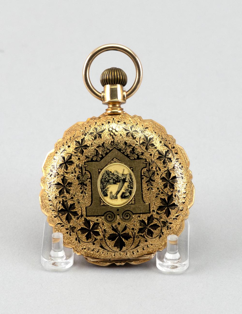 Market example: Elgin 18k gold hunter case pocket watch with enameled decoration