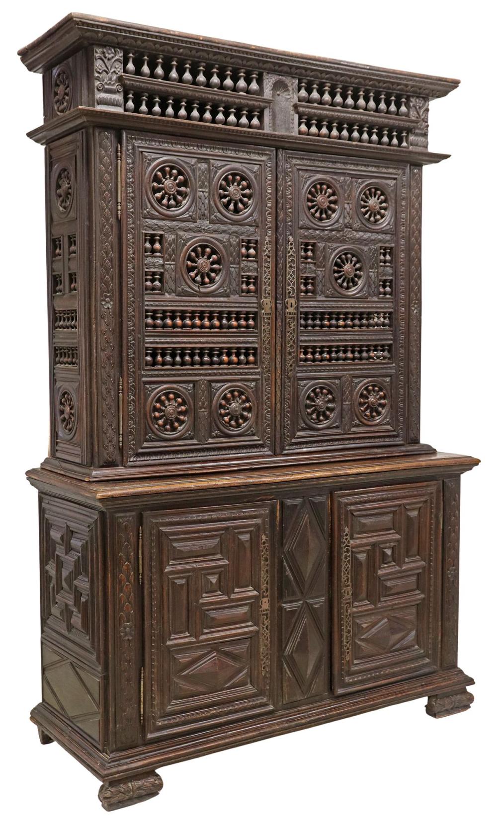 Large French Breton carved oak spindled buffet deux corps auction comp