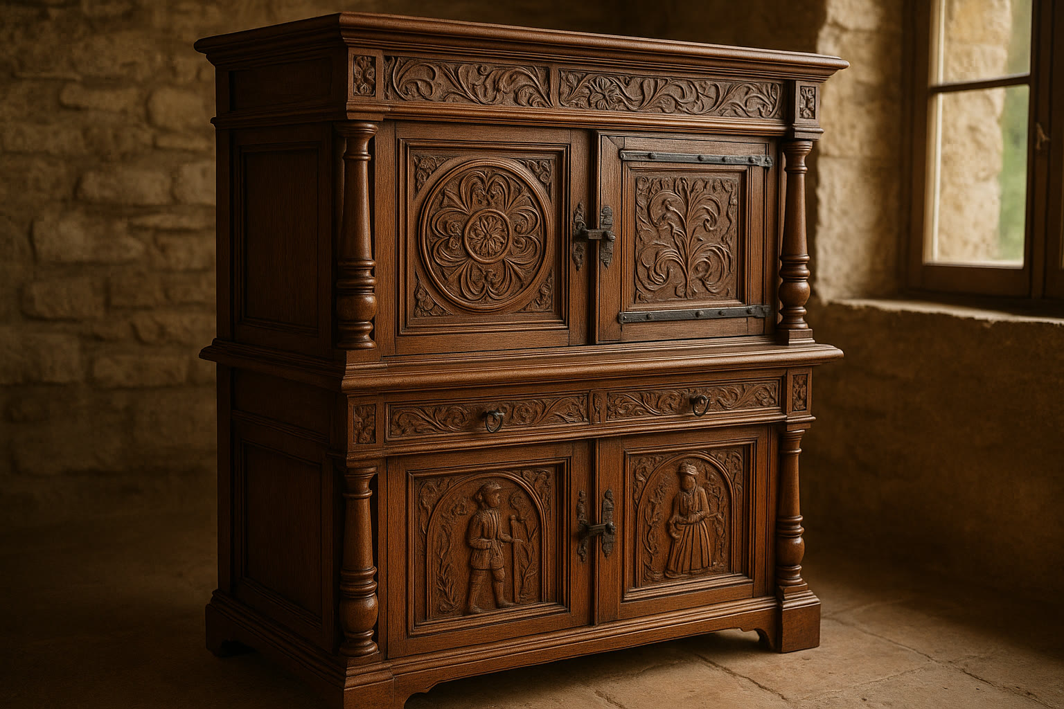 French Breton buffet reference with carving, joinery, wood, hardware, dimensions, surface, and condition