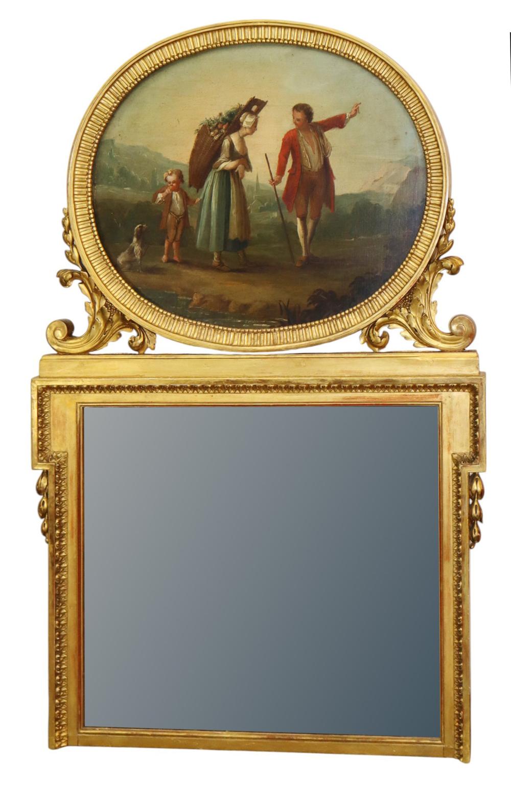 French giltwood trumeau mirror with oval painting auction comparable