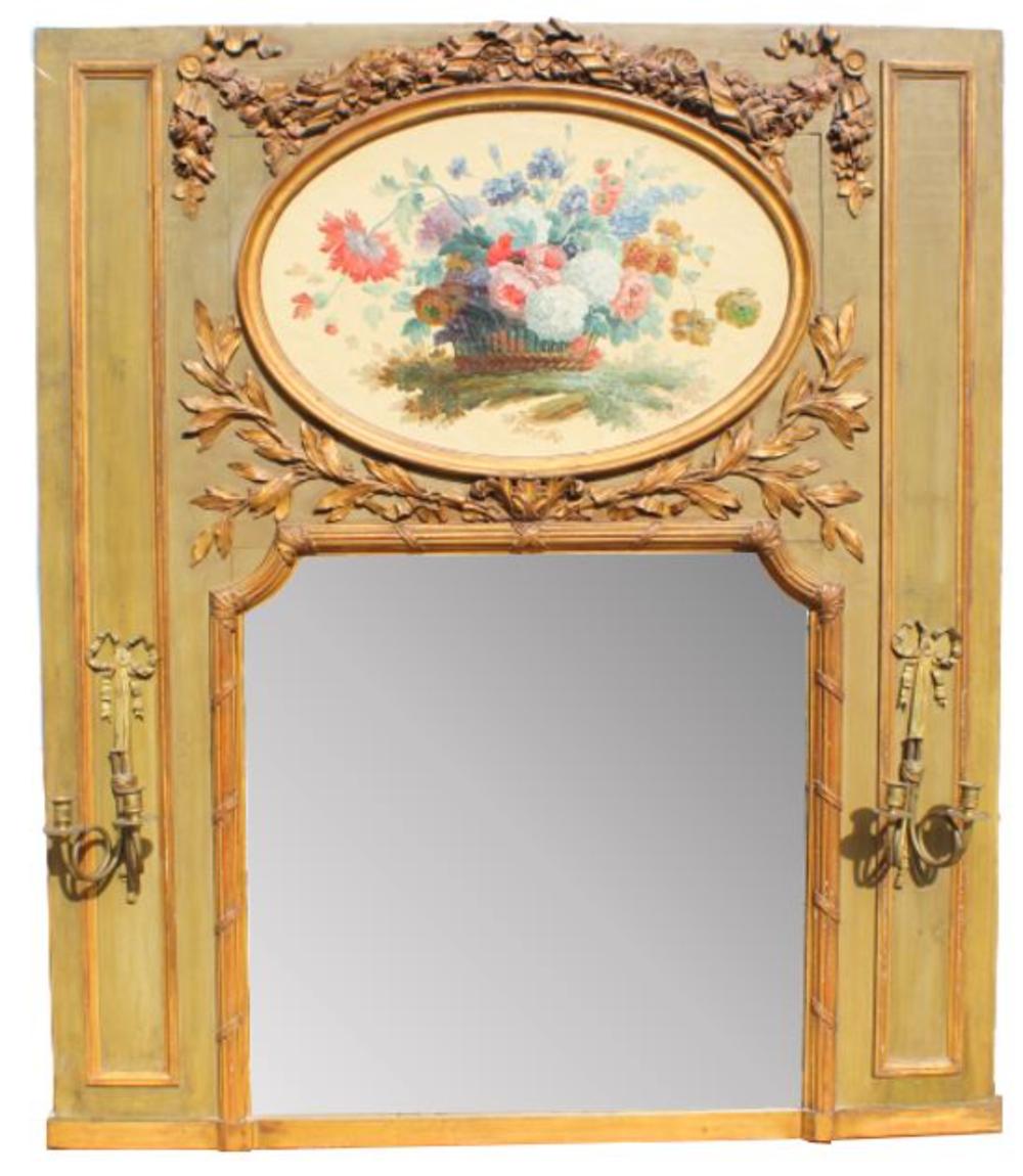 Large antique French trumeau mirror with oil painting auction comparable